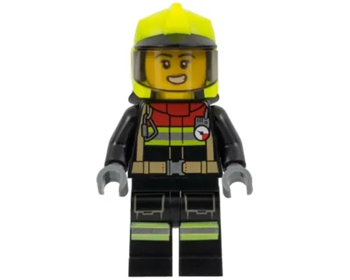 Fire - Female, Black Jacket and Legs with Reflective Stripes and Red Collar, Neon Yellow Fire Helmet, Trans-Brown Visor Image