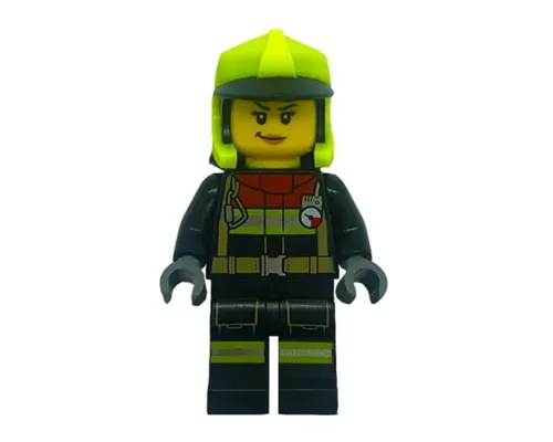 Fire - Female, Black Jacket and Legs with Reflective Stripes and Red Collar, Neon Yellow Fire Helmet, No Visor Image