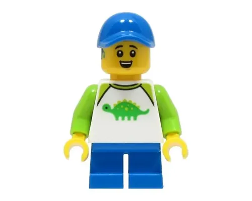 Child - Boy, White Shirt with Bright Green Dinosaur, Blue Short Legs, Blue Cap, Hearing Aid Image