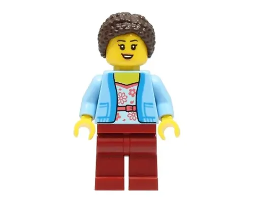 Mom - Bright Light Blue Jacket over White Shirt with Coral Flowers, Dark Red Legs, Dark Brown Hair Braided with Knot Bun Image