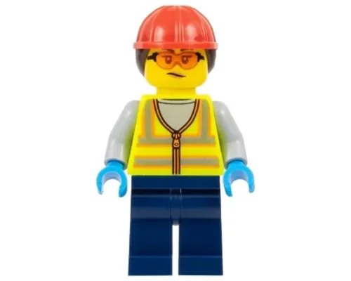 Airport Worker - Female, Neon Yellow Safety Vest with Reflective Stripes, Dark Blue Legs, Red Construction Helmet with Dark Brown Ponytail Hair, Safety Glasses Image