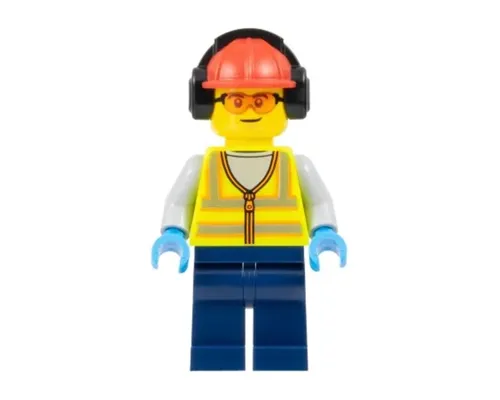 Airport Worker - Male, Neon Yellow Safety Vest with Reflective Stripes, Dark Blue Legs, Red Construction Helmet with Black Ear Protectors / Headphones, Safety Glasses Image