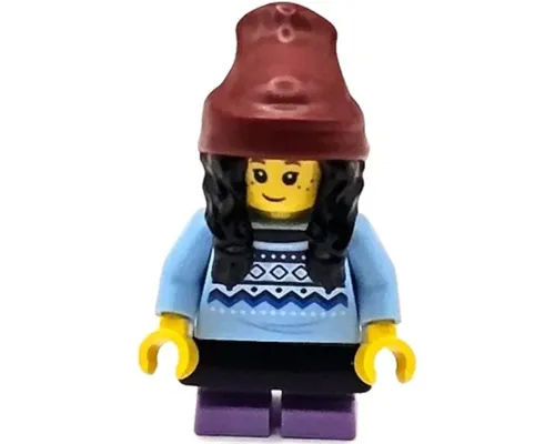 Child - Girl, Bright Light Blue Knit Fair Isle Sweater, Medium Lavender Short Legs, Dark Red Beanie with Black Hair, Black Skirt Image