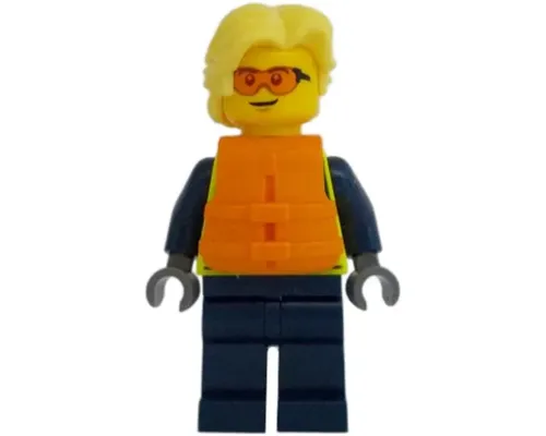 Police - City Officer Male, Neon Yellow Safety Vest, Dark Blue Legs, Bright Light Yellow Wavy Hair, Orange Life Jacket, Safety Glasses Image