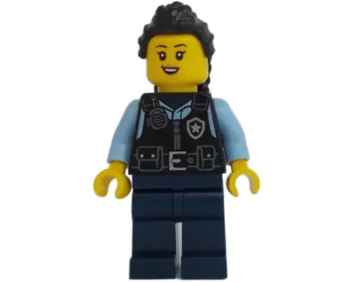 Police - City Officer Female, Black Safety Vest with Silver Star Badge Logo, Dark Blue Legs, Black Hair Long with Braided Ponytail Image