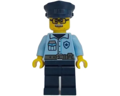 Police - City Officer Male, Bright Light Blue Uniform with Dark Bluish Gray Belt, Dark Blue Legs, Dark Blue Police Hat, Glasses, Moustache Image
