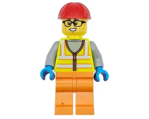 Construction Worker - Male, Neon Yellow Safety Vest with Reflective Stripes, Orange Legs, Red Construction Helmet, Black Glasses Image