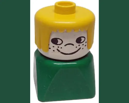 Duplo 2 x 2 x 2 Figure Brick Early, Female on Green Base, Yellow Hair, Nose Freckles Image