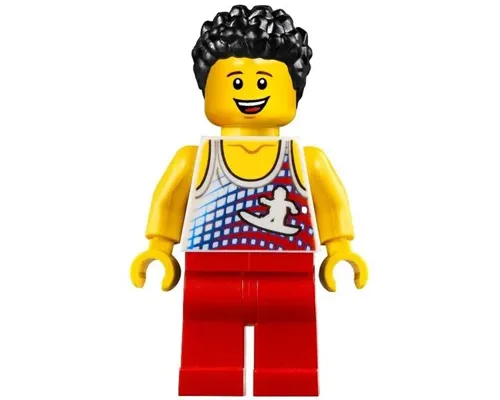 Male, Tank Top with Surfer Silhouette, Red Legs, Black Hair Image