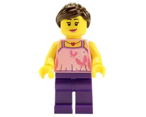 Girl, Bright Pink Top with Butterflies and Flowers, Dark Purple Legs, Dark Brown Hair Ponytail and Swept Sideways Fringe Image