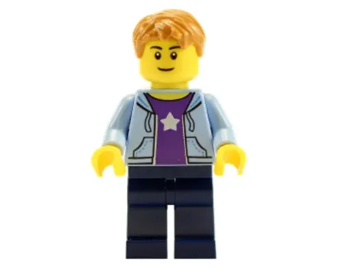 Boy, Bright Light Blue Hoodie with White Star, Dark Blue Legs, Medium Nougat Hair Short Tousled with Side Part Image