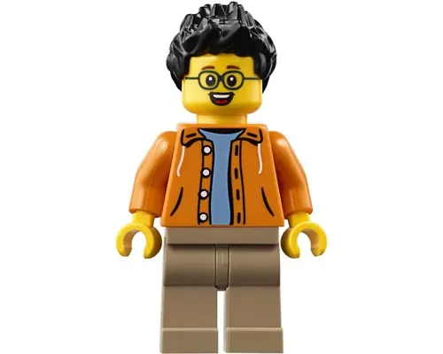 Man, Black Spiked Hair, Glasses, Orange Jacket, Sand Blue Shirt, Dark Tan Legs Image