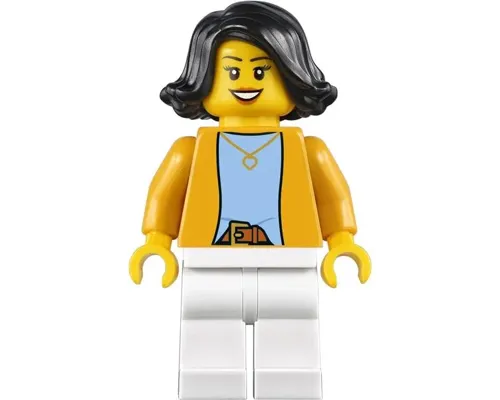 Woman - Bright Light Orange Jacket over Light Bluish Gray Shirt, White Legs, Black Mid-Length Hair Image