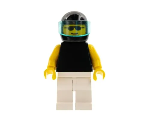 Plain Black Torso with Yellow Arms, White Legs, Sunglasses, Black Helmet, Trans-Light Blue Visor Image