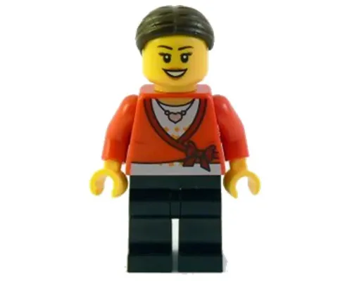 LEGO Brand Store Female, Sweater Cropped with Bow, Heart Necklace, Black Legs, Dark Brown Hair with Bun Image