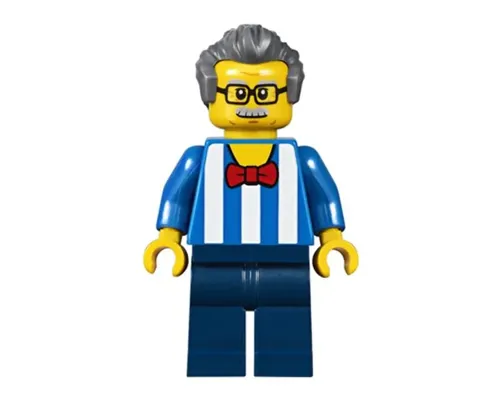 Carousel Ticket Vendor - Male, Blue Shirt with White Stripes and Red Bow Tie (Printed Back), Dark Blue Legs, Dark Bluish Gray Swept Back Hair, Moustache and Glasses Image