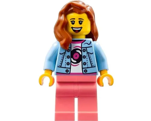 Record Store Clerk - Female, Bright Light Blue Denim Jacket over Shirt with Record, Coral Legs, Dark Orange Hair, Freckles Image