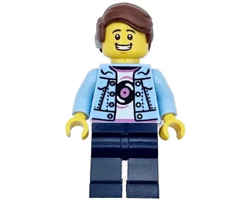 Burger Truck Customer - Male, Bright Light Blue Denim Jacket over Shirt with Record, Dark Blue Legs, Reddish Brown Hair with Cochlear Implant Image