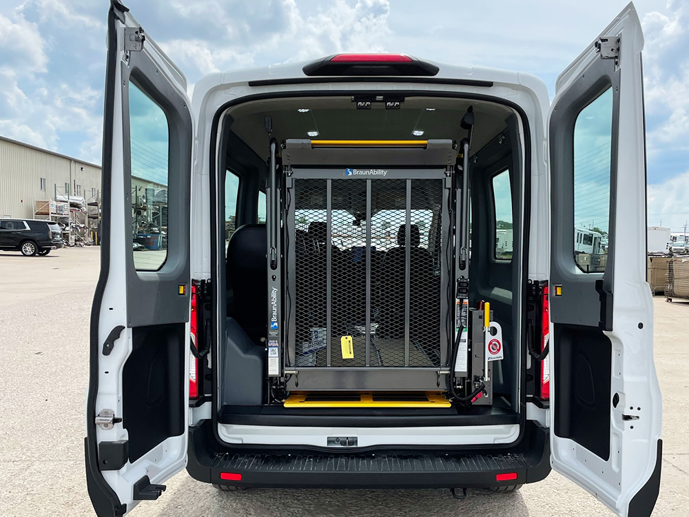 2022 Ford E-Transit Passenger Van 4&2 rear of van, doors open with wheelchair ramp