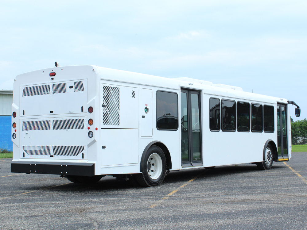 ARBOC Spirit of Equess three quarter view of rear of bus, passenger side