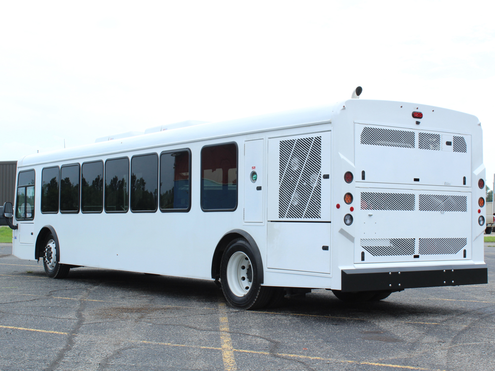 ARBOC Spirit of Equess three quarter view of rear of bus, driver's side