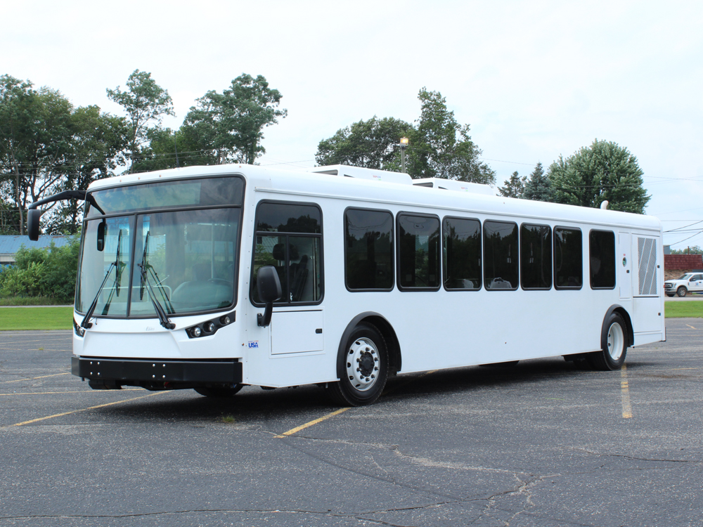 ARBOC Spirit of Equess three quarter view of front of bus, driver's side