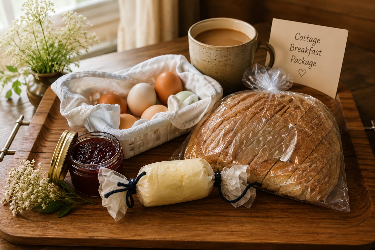 Farmhouse Breakfast package — fresh bread, eggs, butter and jam