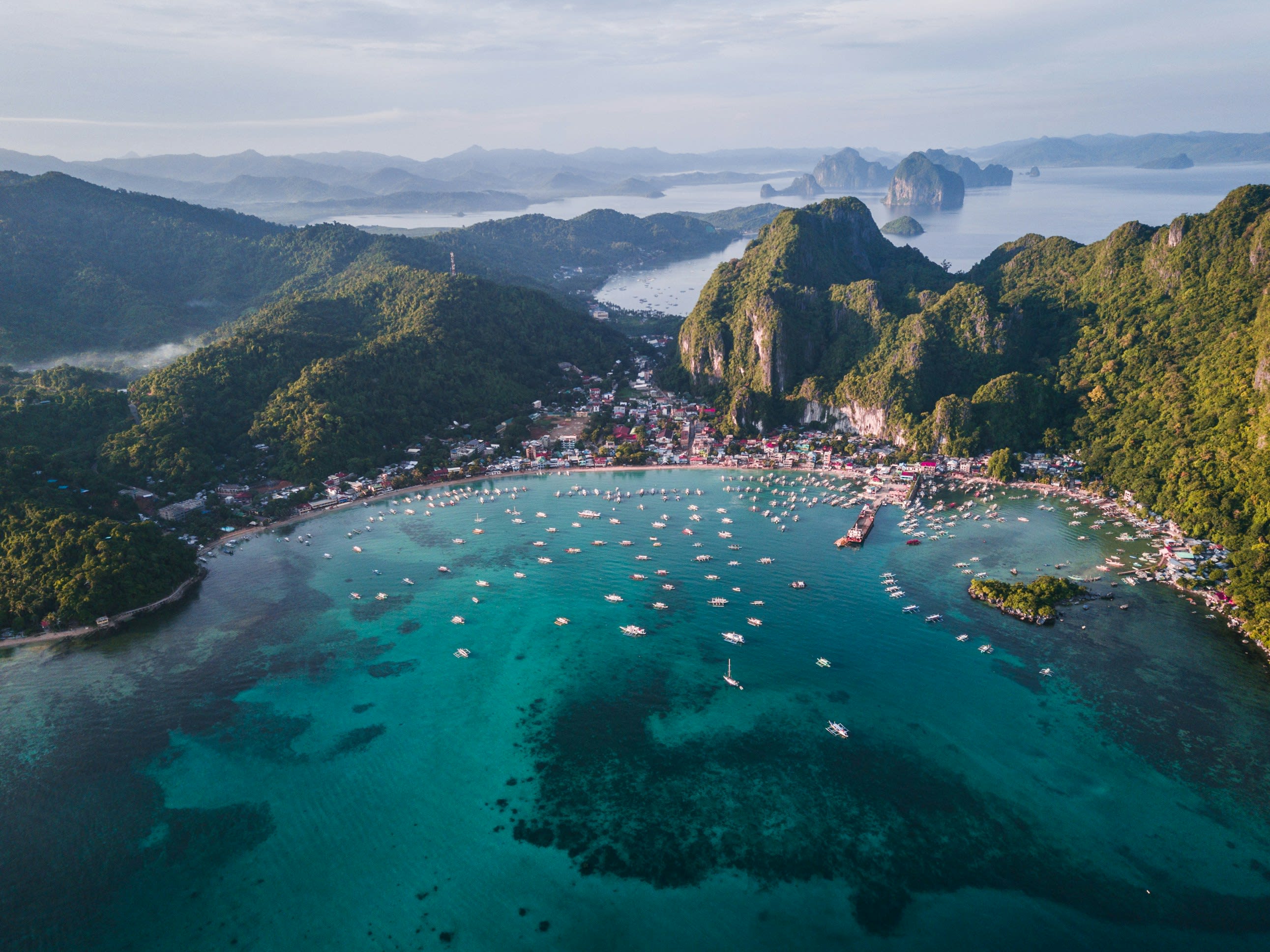 An aerial view of the coastal town of El Nido in the Philippines