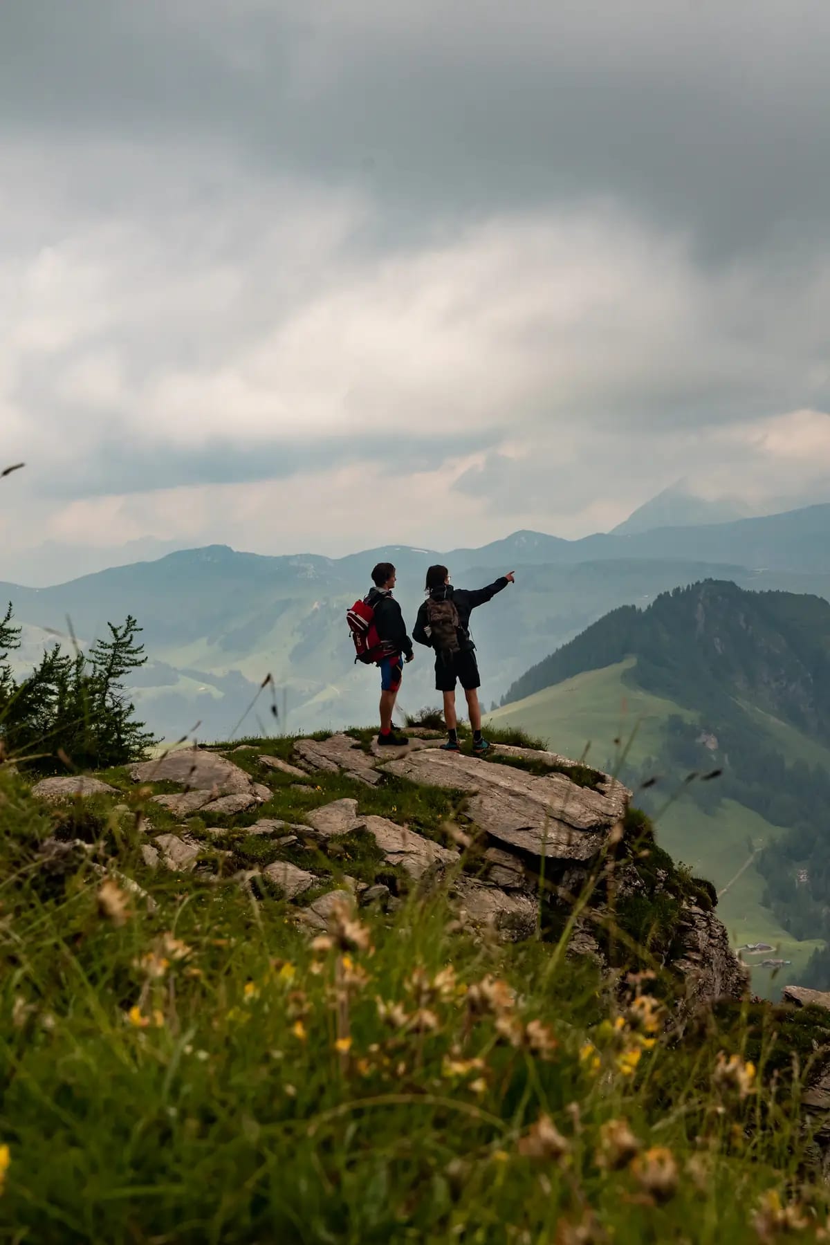 Two hikers on a grassy ridge pointing out across the mountains