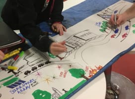 Young people painting a banner
