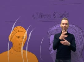 Cartoon of two people talking and a sign language interpreter signing.