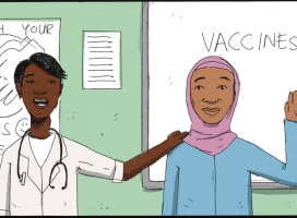 Cartoon of two people, one in a doctors coat, pointing at a whiteboard that says