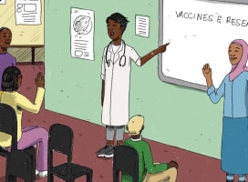 Cartoon of two people, one in a doctors coat, pointing at a board that says