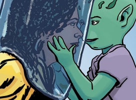Illustration of one of the characters, Sanda, being hugged by an alien