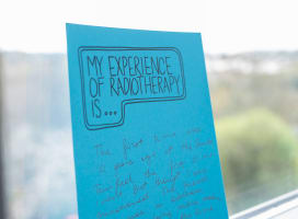 Picture of a blue card that says 'my experience of radiotherapy is...'