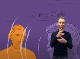 Cartoon of two people talking and a sign language interpreter signing.