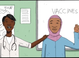Cartoon of two people, one in a doctors coat, pointing at a whiteboard that says