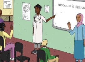 Cartoon of two people, one in a doctors coat, pointing at a board that says