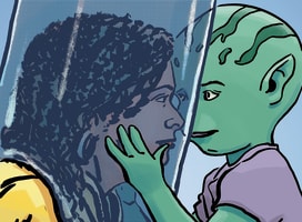 Illustration of one of the characters, Sanda, being hugged by an alien