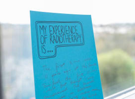 Picture of a blue card that says 'my experience of radiotherapy is...'