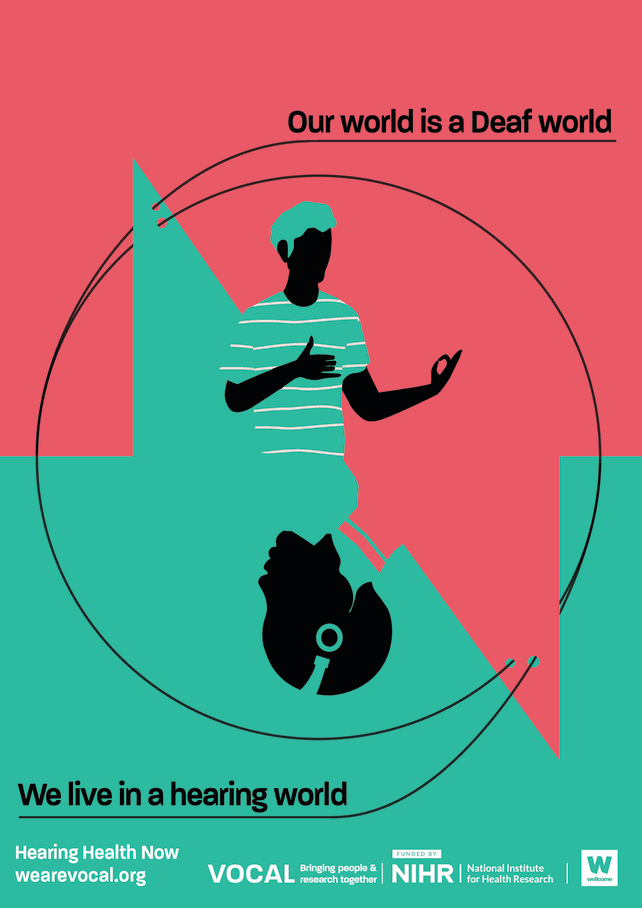 A green and pink poster, with one illustration of a person using BSL and one of a head wearing headphones. Writing on the poster says: Our world is a Deaf world. We live in a hearing world.