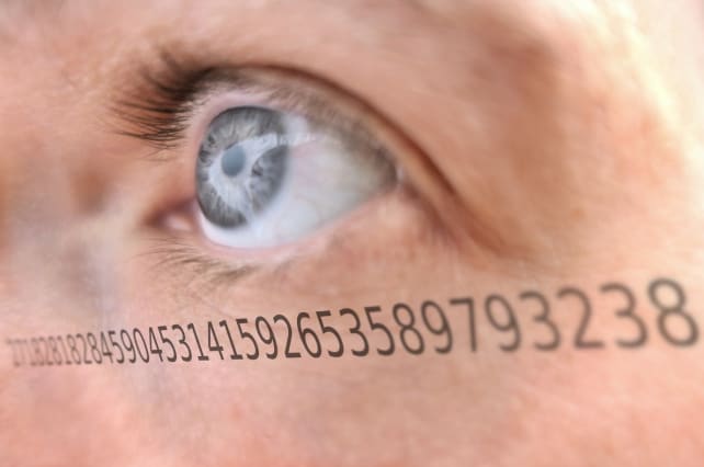 A close up of an open eye with numbers justaxposed onto it