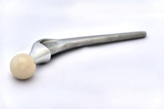 A picture of an artificial hip in metal
