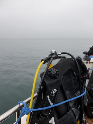 Shoulders of a person wearing a scuba diving suit and sea in the background