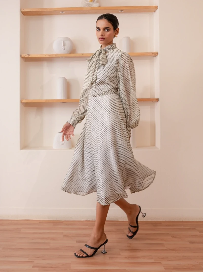 Off-White Formal Tie-up Neck Bishop Sleeve Fit and Flare Dress