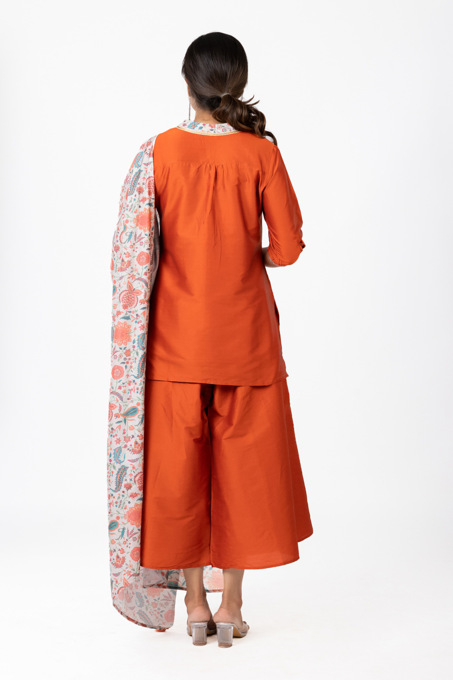 Orange Kurti & Palazzo Set with Floral Print Dupatta