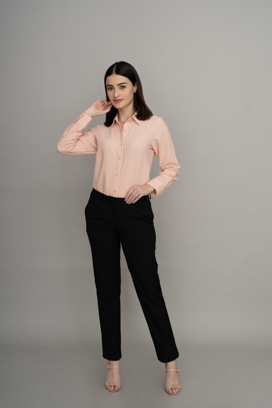 Pink mandarin collar top with bishop sleeve