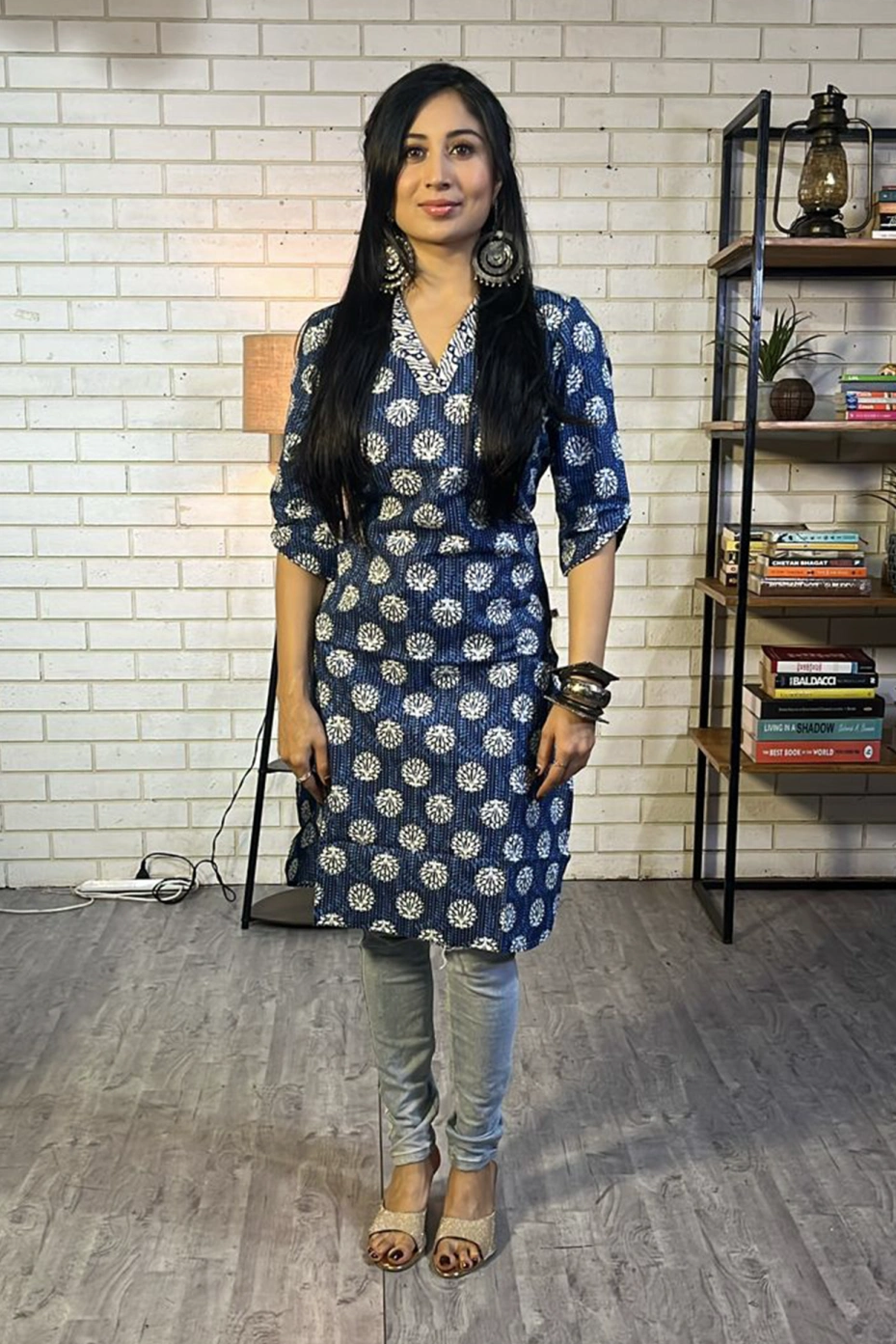 Indigo Cotton Printed Straight Cut Kurta with Pant 2 Pcs Set