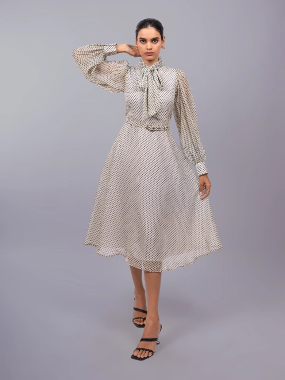 Off-White Formal Tie-up Neck Bishop Sleeve Fit and Flare Dress 2