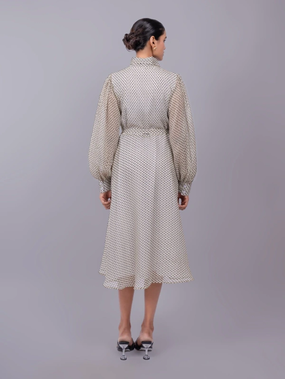 Off-White Formal Tie-up Neck Bishop Sleeve Fit and Flare Dress 7